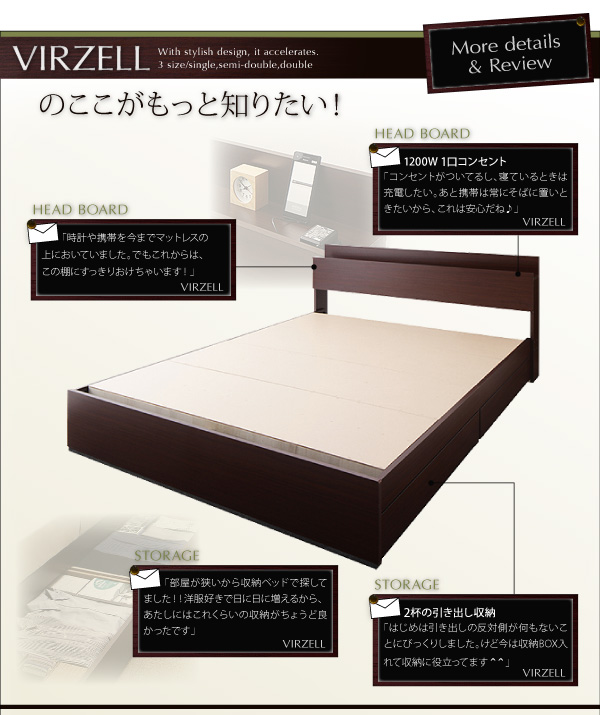 棚・コンセント付き収納ベッド【virzell】ヴィーゼル